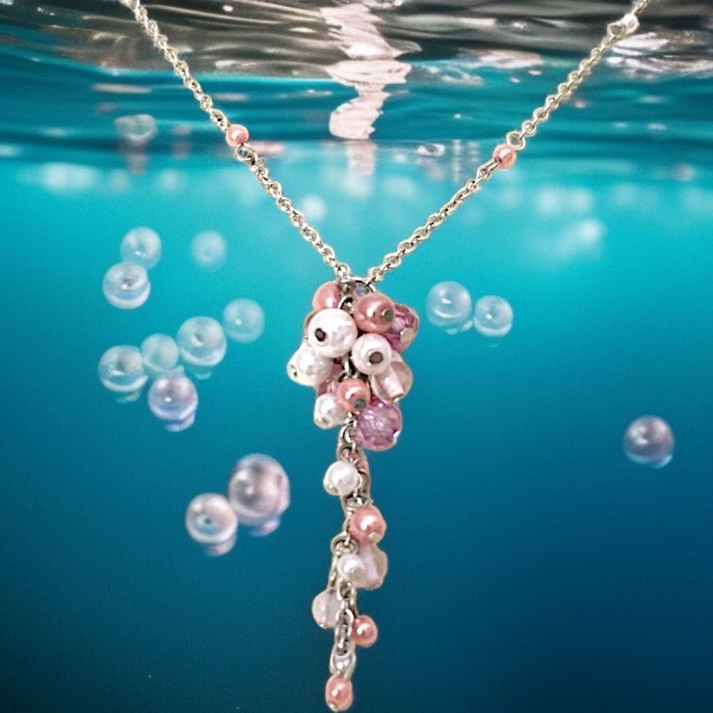 Pink Beaded Cluster Tassel Necklace Pendant Faux Pearl Pendant Y2K Coquette - Picture 15 of 16